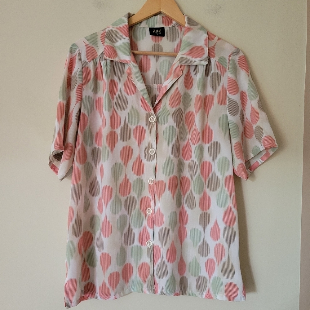 Vintage Women's Mid-Century Tear Drop Print Button Down Blouse Shirt Size Large